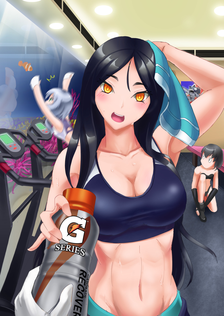 3girls, absurdres, alternate_costume, arm_up, bench, black_hair, blush, breasts
