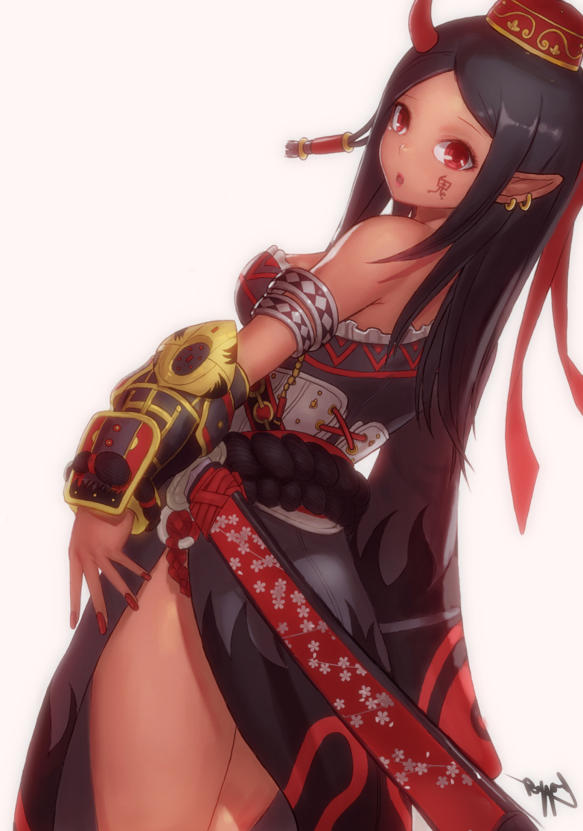 1girl, :o, armlet, backlighting, black_hair, bypos, corset, dark_skin, dress, earrings, facial_mark, hat, highres, horn, jewelry, long_hair, looking_at_viewer, looking_back, oni, original, pointy_ears, red_eyes, rope, scabbard, sheath, shimenawa, side_slit, signature, simple_background, sleeveless, sleeveless_dress, sword, vambraces, weapon, white_background