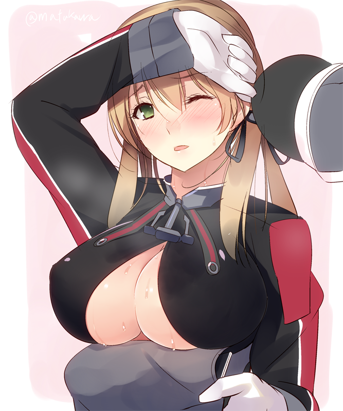 1girl, blonde_hair, blush, breasts, cleavage, gloves, green_eyes, hat
