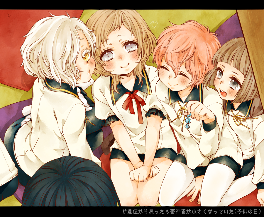 1girl, 4boys, ^_^, akita_toushirou, black_hair, blonde_hair, blush, brown_hair