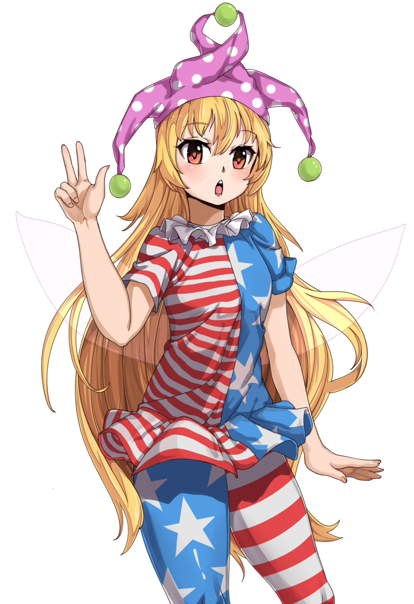 !, 1girl, american_flag_legwear, american_flag_shirt, bangs, blonde_hair, blush, chestnut_mouth