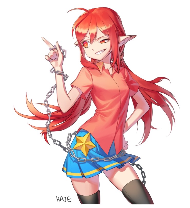 1girl, ahoge, artist_name, black_legwear, chain, contrapposto, grin, haje