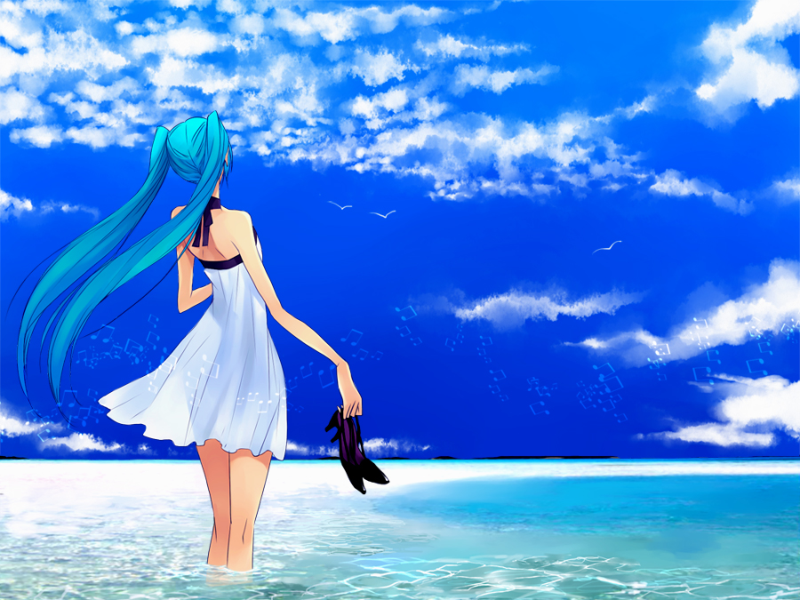 aqua_hair, bad_id, beach, dress, hatsune_miku, high_heels, holding, holding_shoes