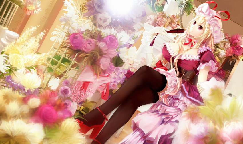 1girl, alternate_costume, bangs, birdcage, black_legwear, blurry, bow, breasts, cage, chair, choker, cleavage, closed_fan, corset, crossed_legs, depth_of_field, dress, elbow_gloves, error, fan, fern, flower, folding_fan, frilled_choker, frilled_dress, frills, gloves, hair_bow, hat, hat_ribbon, head_tilt, high_heels, highres, indoors, lace, lace-trimmed_thighhighs, large_breasts, light, long_hair, mob_cap, pink_rose, plant, potted_plant, puffy_short_sleeves, puffy_sleeves, purple_dress, purple_rose, red_shoes, ribbon, room, rose, shoe_bow, shoes, short_dress, short_sleeves, sitting, sliding_doors, smile, solo, taut_clothes, taut_dress, thigh-highs, touhou, very_long_hair, white_gloves, white_rose, xuan_jing, yakumo_yukari