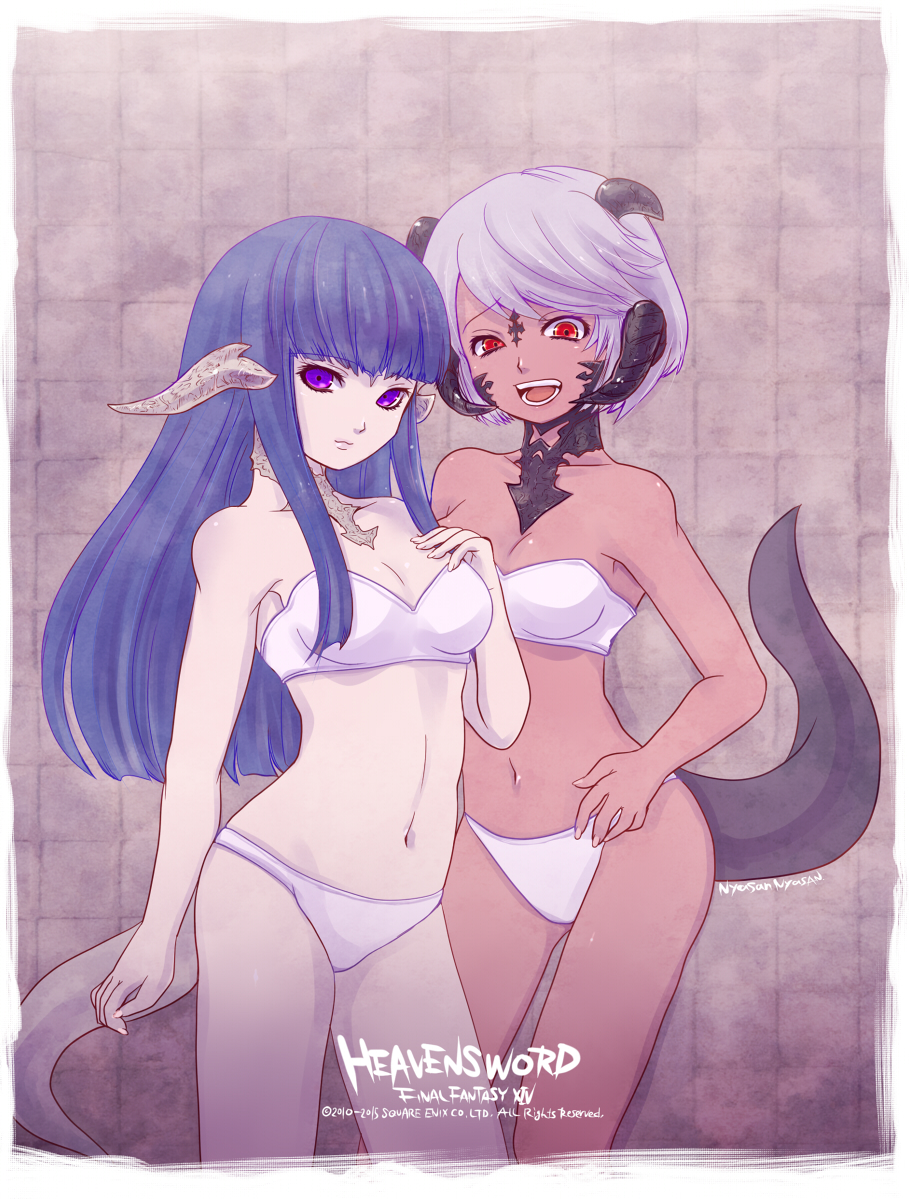 2girls, :d, au_ra, bangs, blunt_bangs, bra, breasts, cleavage