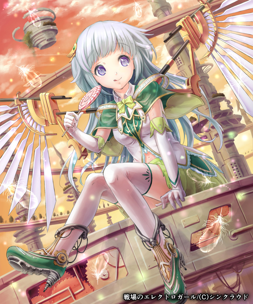 1girl, candy, clouds, elbow_gloves, feathers, floating_island, gears, gloves