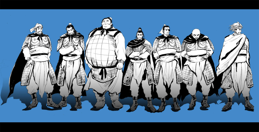6+boys, armor, beard, black_hair, cao_cao, cao_hong, cao_ren, cape