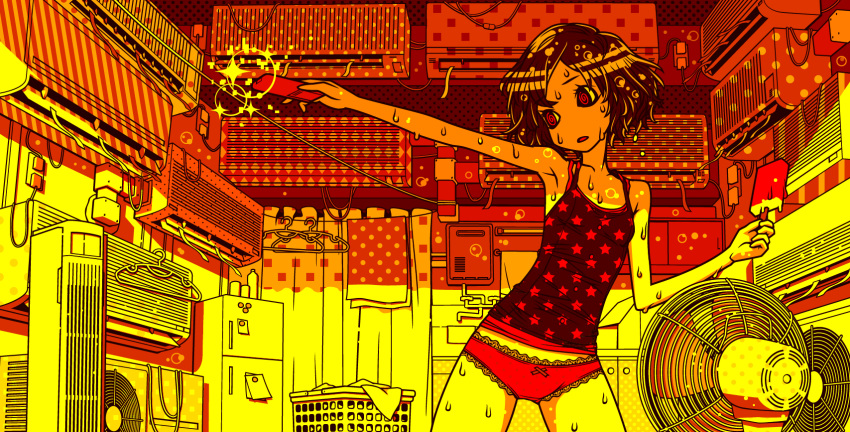 1girl, air_bubble, brown_hair, cherri_cherri, controller, fan, highres, laundry_basket