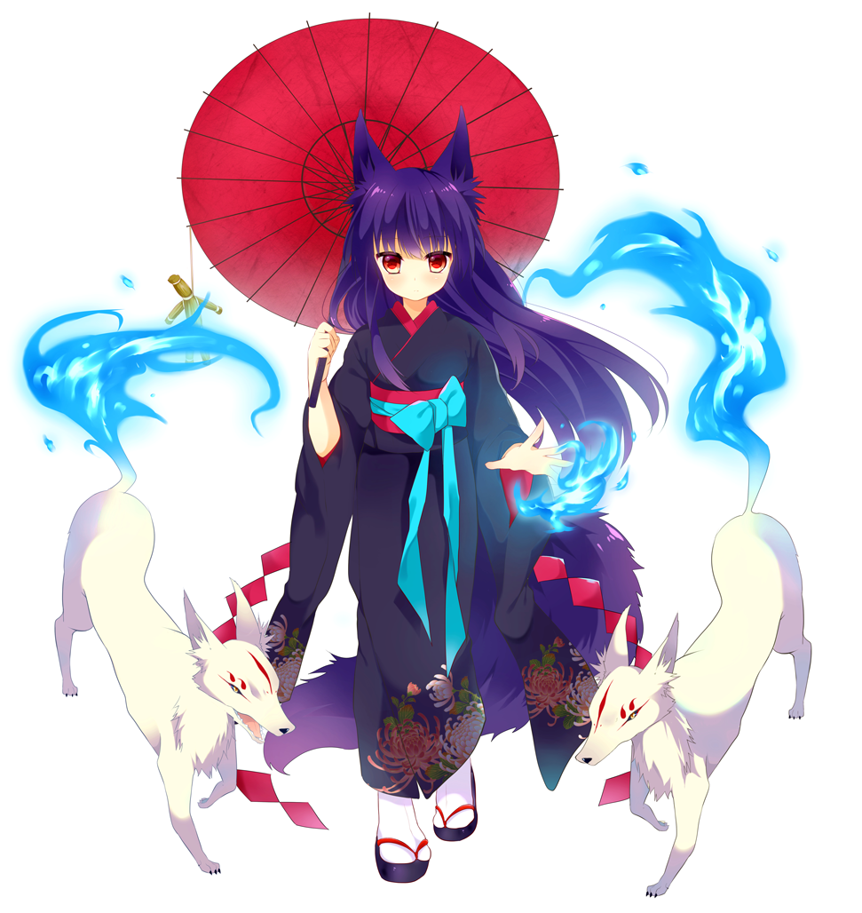 1girl, animal_ears, blue_fire, expressionless, fire, floral_print, fox, fox_ears, fox_tail, japanese_clothes, kimono, kitsune, kuroneko0202, long_hair, magic, oriental_umbrella, original, purple_hair, red_eyes, sandals, simple_background, tabi, tail, umbrella, white_background, yukata