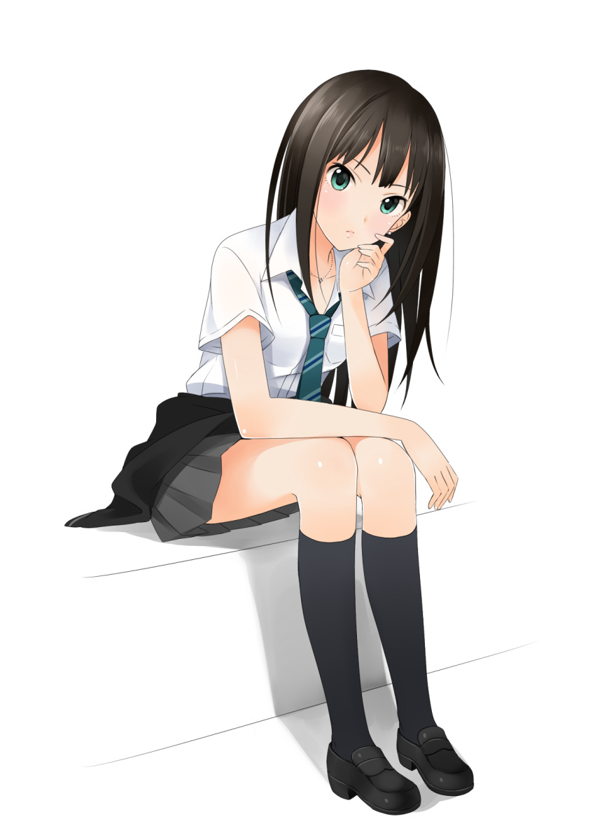 brown_hair, closed_mouth, earrings, emicii, full_body, green_eyes, hand_on_own_face, highres