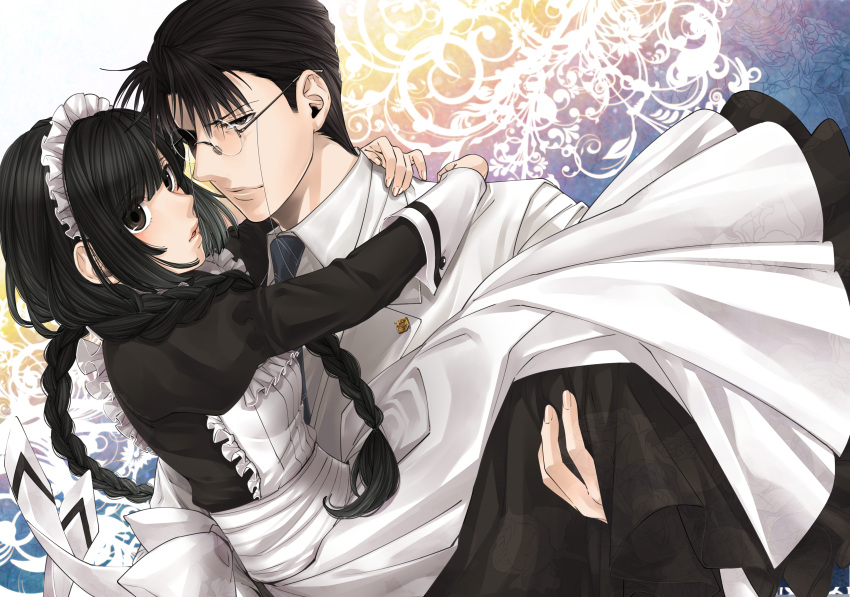 absurdres, asagi_haru, black_eyes, black_hair, braid, carrying, formal, glasses