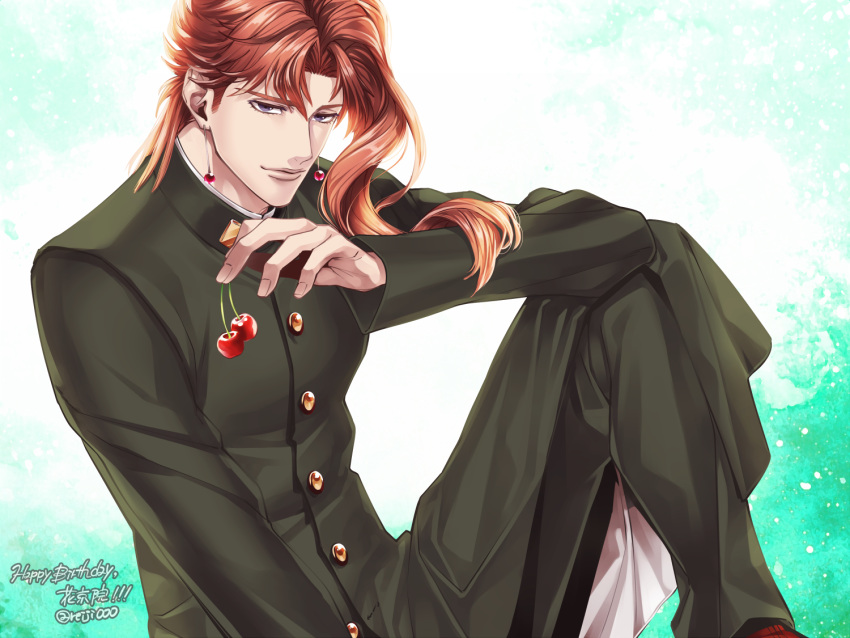 1boy, aqua_background, cherry, earrings, food, fruit, gakuran, jewelry