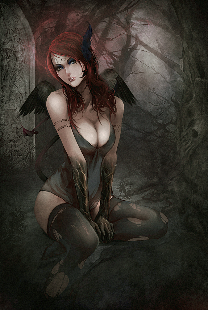 1girl, angel_wings, black_dress, breasts, cleavage, demon_girl, demon_tail, dress