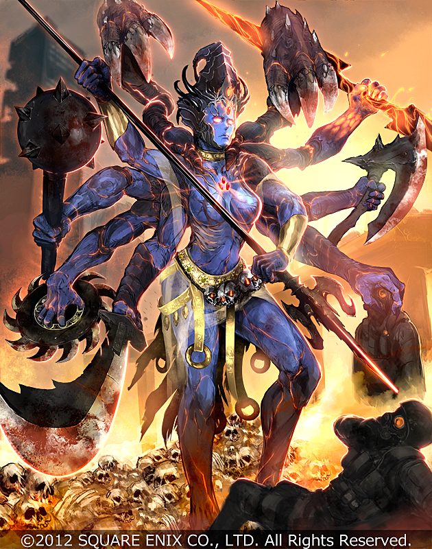 battle_axe, blue_skin, building, choker, claws, deadman's_cross, durga_(deadman's_cross), forehead_jewel