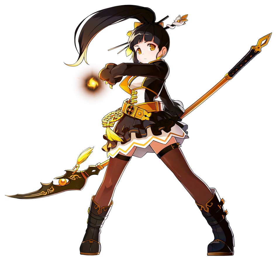 1girl, ara_han, belt, black_boots, black_hair, black_skirt, boots, brown_legwear, corset, cropped_jacket, elsword, expressionless, hair_ornament, hairpin, little_devil_(elsword), long_hair, magic, official_art, polearm, ponytail, pose, sando_(artist), skirt, solo, spear, standing, thigh-highs, weapon, white_background, yellow_eyes