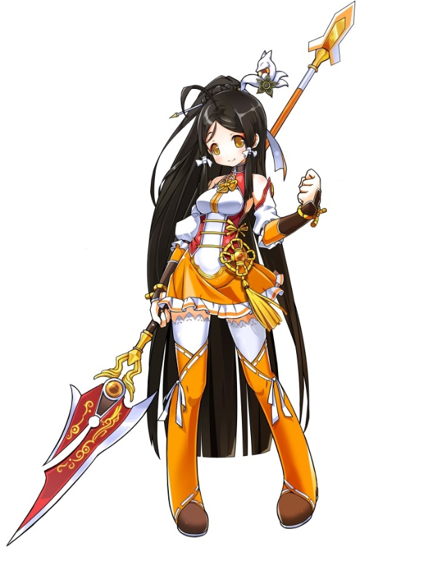 1girl, ahoge, ara_han, arm_warmers, black_hair, boots, braid, elsword, french_braid, half_updo, little_xia_(elsword), long_hair, official_art, orange_boots, orange_skirt, polearm, ribbon, sando_(artist), skirt, smile, solo, spear, standing, thigh-highs, thigh_boots, weapon, white_background, yellow_eyes