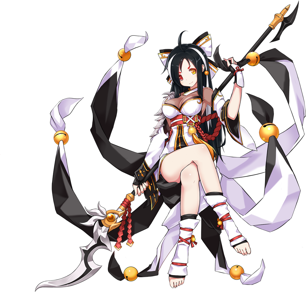1girl, ahoge, ara_han, asura_(elsword), bell, black_hair, bow, crossed_legs