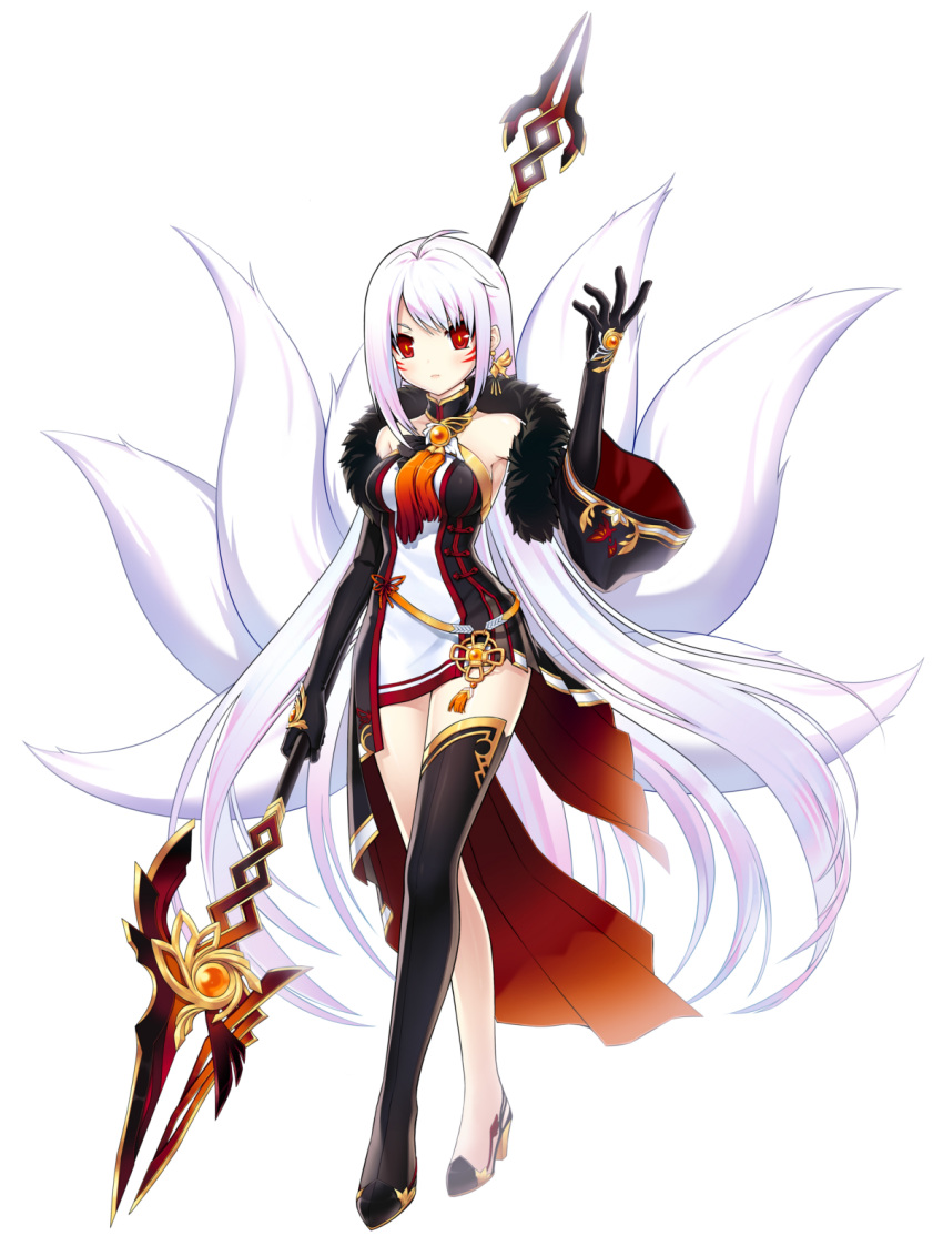 1girl, albino, ara_han, ara_han_(celestial_fox), asymmetrical_clothes, black_gloves, black_legwear, earrings