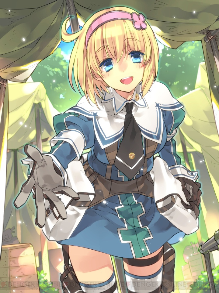 1girl, ahoge, blonde_hair, blue_eyes, cosette_coalhearth, cowboy_shot, gloves, hairband