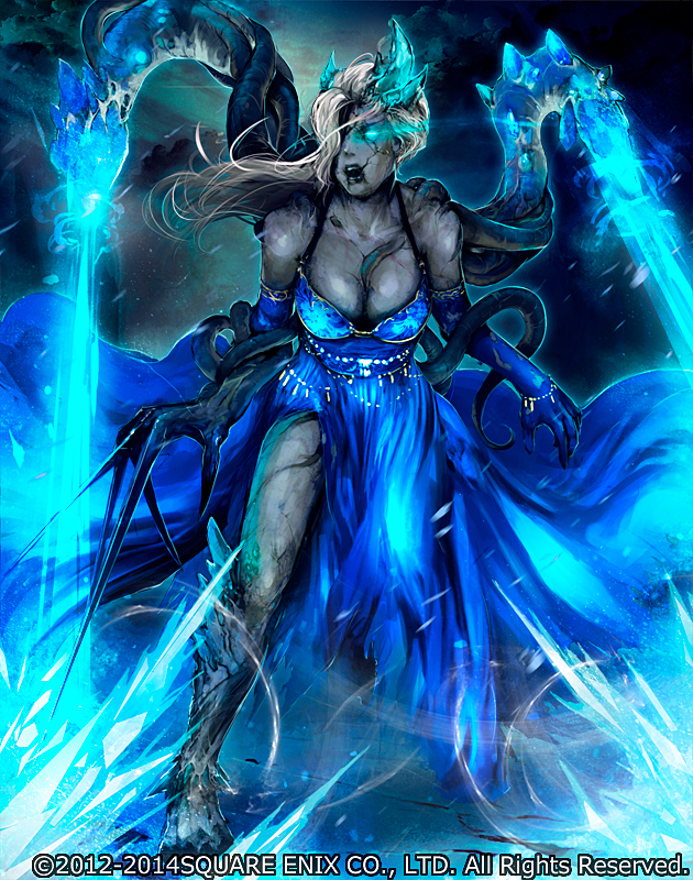 1girl, blue, blue_dress, blue_eyes, breasts, cleavage, deadman's_cross, dress