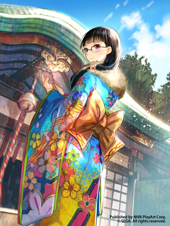 1girl, architecture, artist_request, bangs, bell, black_hair, blue_eyes, blue_sky, blunt_bangs, building, clouds, colorful, company_name, east_asian_architecture, floral_print, from_behind, from_below, fur_trim, glasses, hair_over_shoulder, hair_tubes, japanese_clothes, kimono, kouhaku_nawa, light_particles, long_hair, looking_at_viewer, looking_back, mischlitt, obi, ofuda, outdoors, ponytail, sash, scarf, sega, senjou_no_valkyria, senjou_no_valkyria_2, shrine, shrine_bell, sky, smile, solo, standing, sunlight, tree, violet_eyes, watermark, wide_sleeves