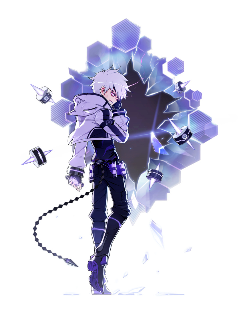 1boy, add_(elsword), animal_hood, black_shirt, boots, cropped_jacket, elsword, flask