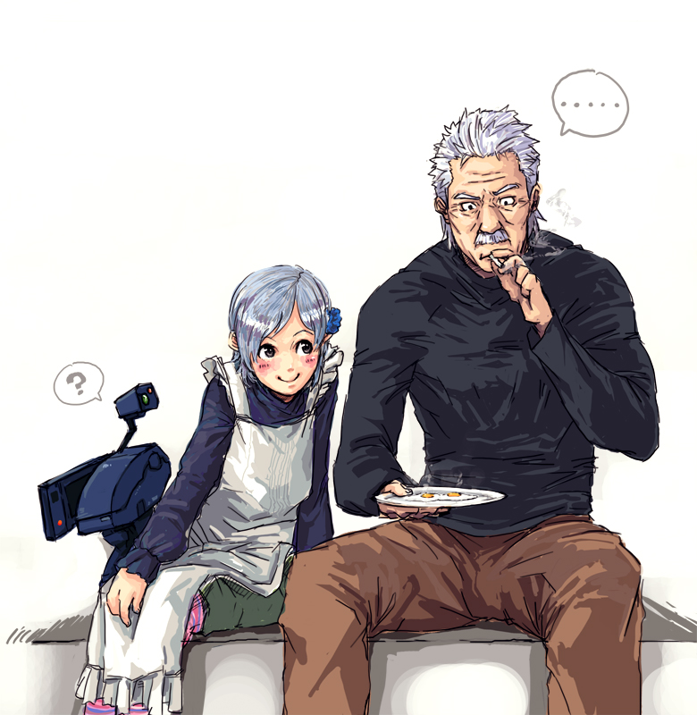 ?, apron, cigarette, egg, facial_hair, flower, grey_hair, hair_ornament, metal_gear_mk_ii, metal_gear_solid, mustache, old_snake, robot, short_hair, smile, smoking, solid_snake, sunny_gurlukovich, white_hair