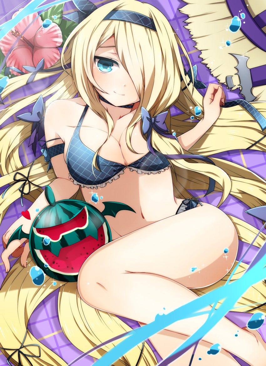 1girl, akiran'nu, argyle, argyle_bikini, bikini, blonde_hair, blue_eyes, blush