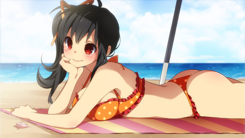 1girl, ass, beach, bikini, black_hair, blush, breasts, hair_ribbon