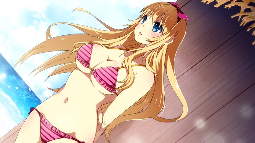 1girl, beach, bikini, blonde_hair, blue_eyes, blush, breasts, cleavage