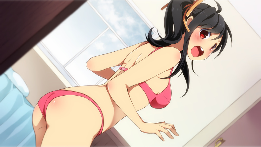 1girl, ass, bed, bedroom, black_hair, blush, bra, breasts