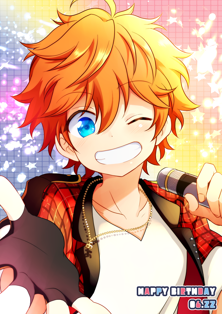 1boy, akehoshi_subaru, blazer, blue_eyes, dated, ensemble_stars!, fingerless_gloves, gloves