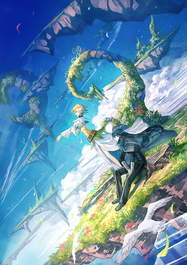 1boy, 1girl, 369minmin, black_hair, blonde_hair, boris_jinneman, children_of_the_rune, isolestie_(children_of_the_rune)