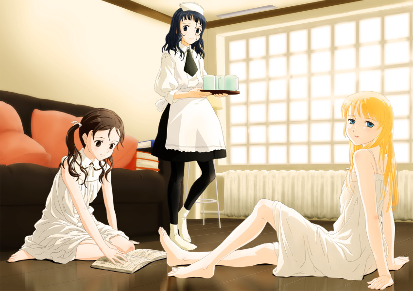3girls, apron, arm_support, bare_shoulders, barefoot, black_eyes, black_hair, blonde_hair