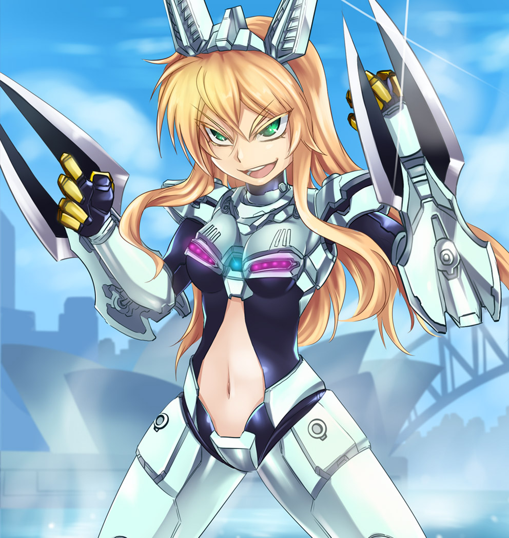1girl, arm_blade, australia, blonde_hair, bridge, dos_(artist), green_eyes, headgear