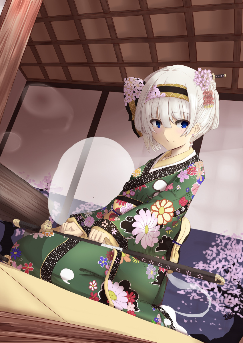 1girl, absurdres, alternate_costume, blue_eyes, dutch_angle, floral_print, flower, hair_flower