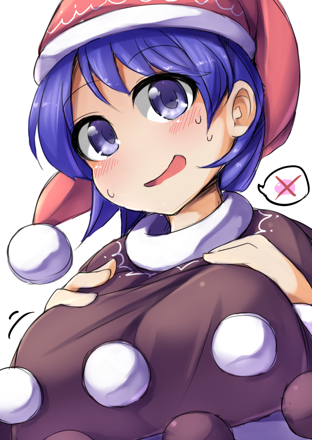 1girl, :d, blue_eyes, blue_hair, blush, breast_suppress, breasts, doremy_sweet