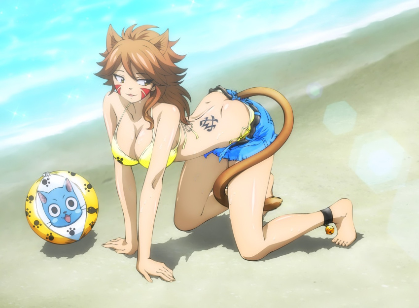 beach, beach_ball, bikini, brown_hair, cat_ears, catgirl, fairy_tail, happy_(fairy_tail)