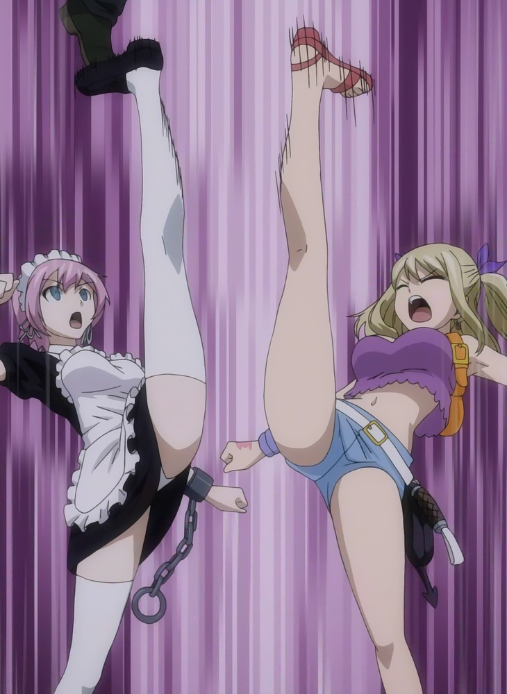 2girls, blonde_hair, blue_eyes, fairy_tail, kick, long_hair, lucy_heartfilia, maid