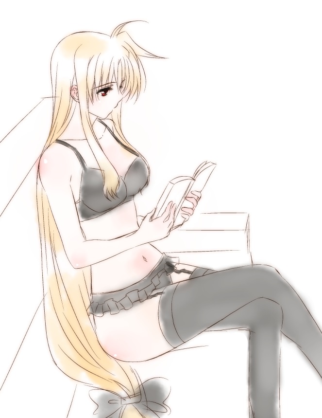 1girl, blonde_hair, book, bra, fate_testarossa, hair_ribbon, kohaku_(kohagura), lingerie, long_hair, navel, panties, ribbon, solo, underwear, very_long_hair