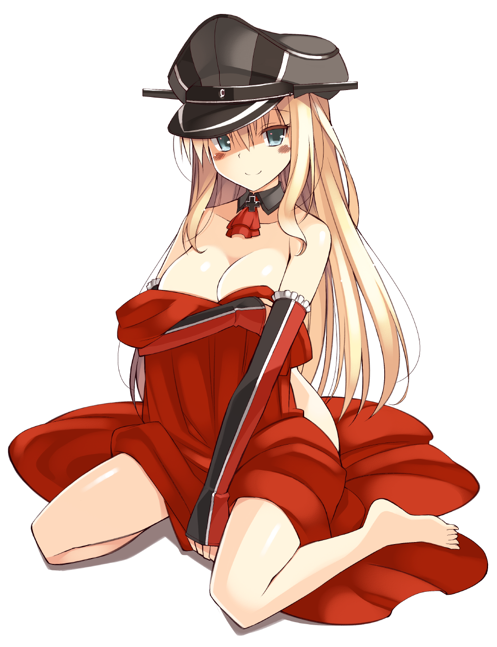 1girl, bare_shoulders, bismarck_(kantai_collection), blanket, blonde_hair, blue_eyes, breasts, detached_sleeves