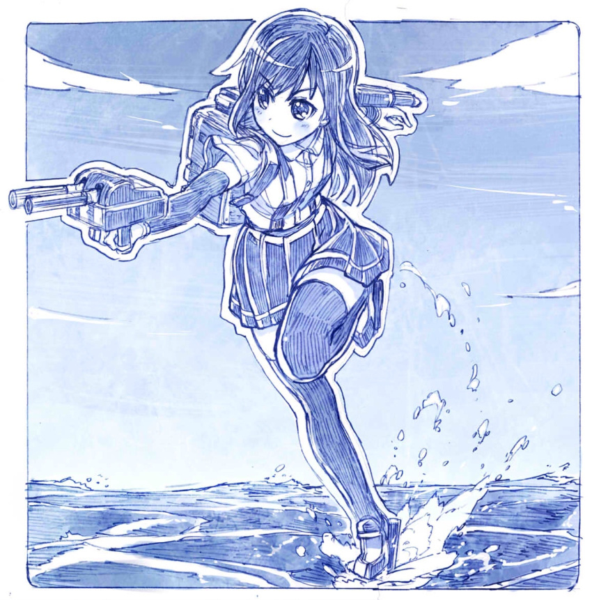 >:), 1girl, arm_warmers, asashio_(kantai_collection), blue, blush, clouds, dress_shirt, kantai_collection, leg_up, miniskirt, outling, pleated_skirt, running, running_on_water, sakino_shingetsu, shirt, short_hair, skirt, sky, smile, solo, suspenders, water