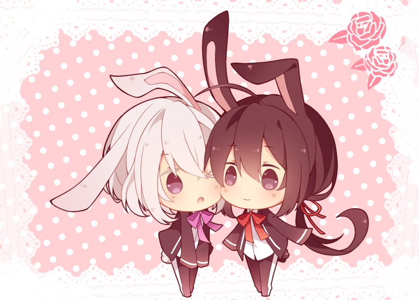 2boys, animal_ears, black_hair, bow, bunny_tail, chibi, flower, honebami_toushirou, hyou_(pixiv3677917), male_focus, multiple_boys, namazuo_toushirou, one_eye_closed, polka_dot, polka_dot_background, rabbit_ears, rose, smile, tail, touken_ranbu, violet_eyes, white_hair