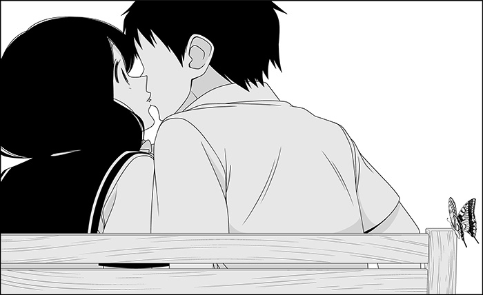 1boy, 1girl, bench, butterfly, comic, gouda_takeshi_(wakabayashi), kamine_ayaka, kiss