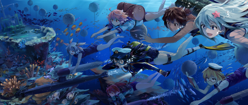 6+girls, blonde_hair, book, brown_hair, coral_reef, diving_mask, explosive, female_admiral_(kantai_collection)
