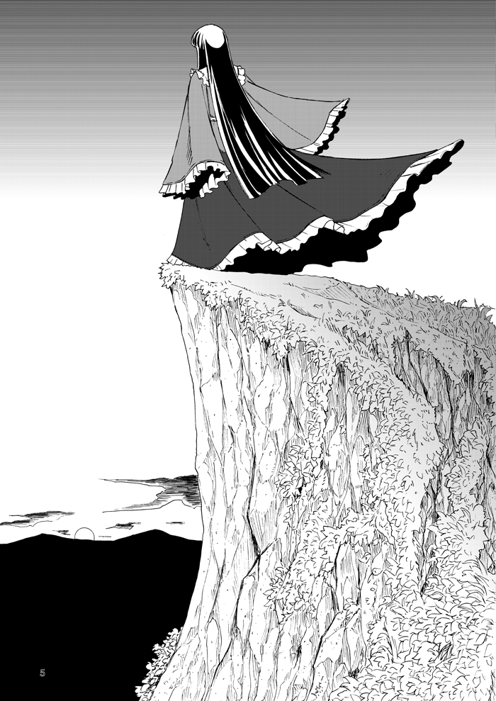(ysy)s, black_hair, cliff, clouds, comic, frilled_sleeves, frills, houraisan_kaguya