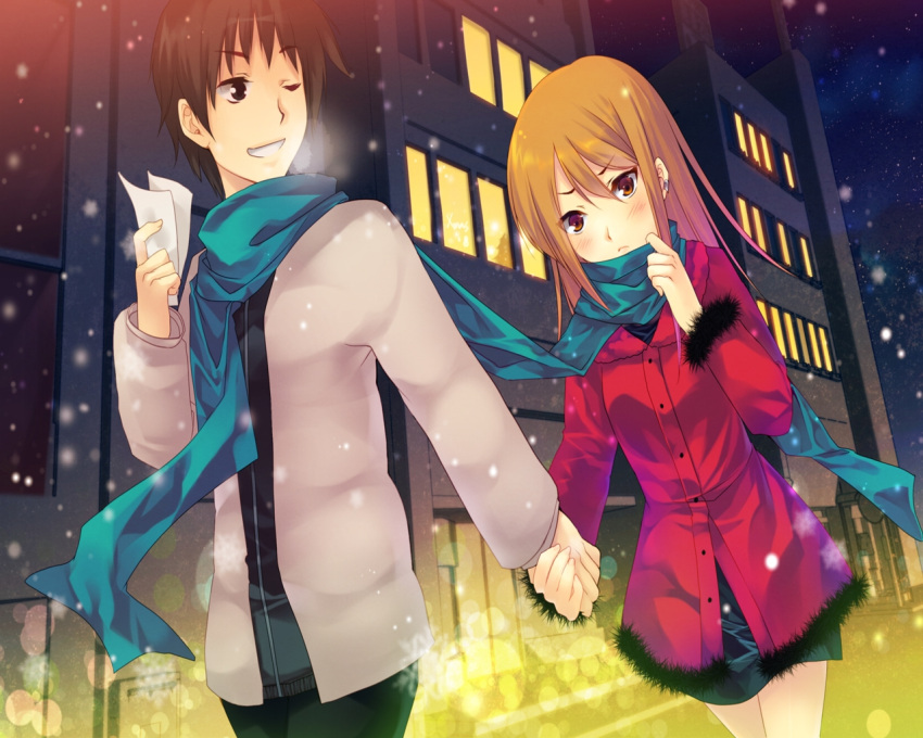 1girl, bad_aspect_ratio, blush, breath, building, city, couple, earrings, hand_holding, holding_hands, jacket, jewelry, kurosawa_kakeru, lights, night, onanie_master_kurosawa, scarf, smile, snow, sugawa_maiko, wallpaper, wink
