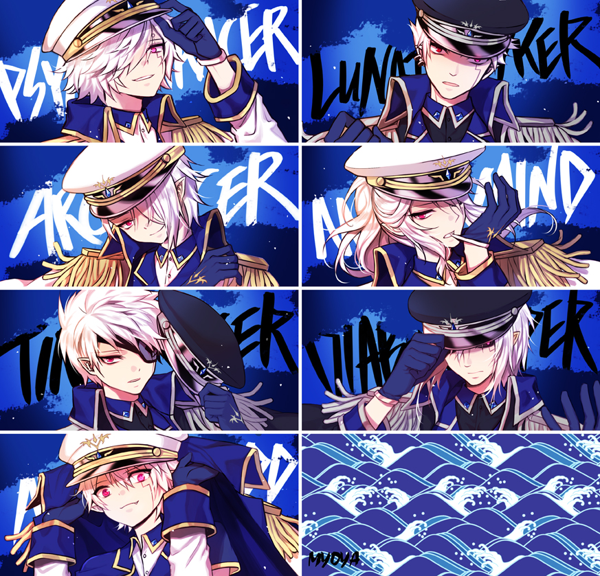 6+boys, add_(elsword), adjusting_clothes, adjusting_hat, arc_tracer_(elsword), black_sclera, blue_background, blue_gloves, diabolic_esper_(elsword), elsword, epaulettes, eyepatch, facial_mark, gloves, hat, hat_removed, headwear_removed, long_hair, lunatic_psyker_(elsword), male_focus, mastermind_(elsword), messy_hair, multiple_boys, multiple_persona, myoya, pointy_ears, ponytail, popped_collar, psychic_tracer_(elsword), tattoo, time_tracer_(elsword), tracer_(elsword), violet_eyes, white_hair