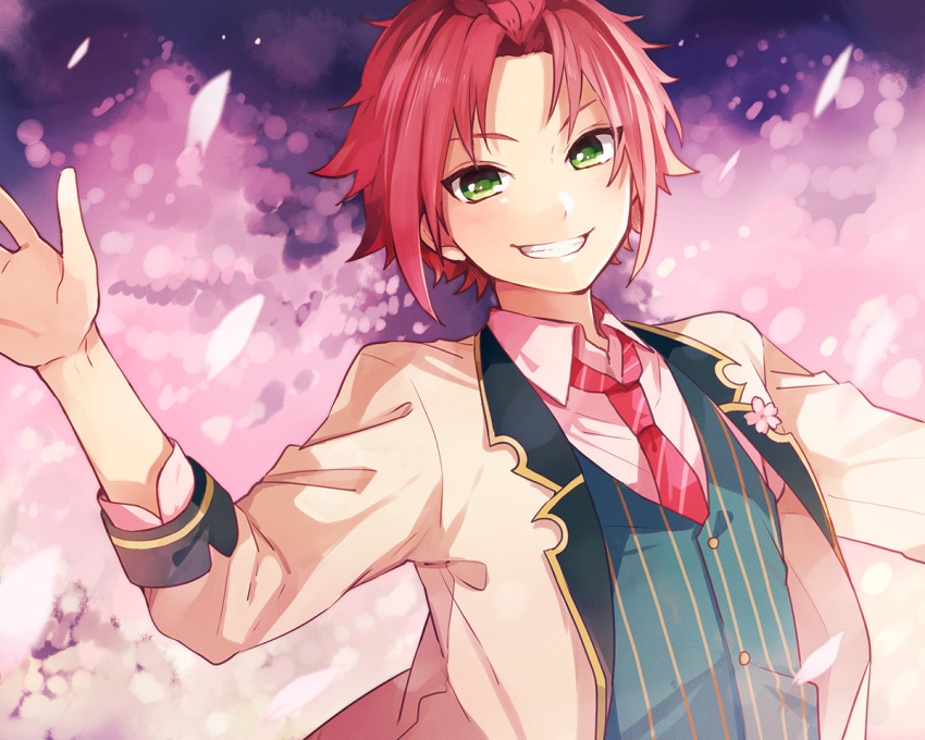 1boy, blazer, blush, ensemble_stars!, green_eyes, grin, isara_mao, male_focus, necktie, redhead, school_uniform, smile, solo, tama_(songe), vest