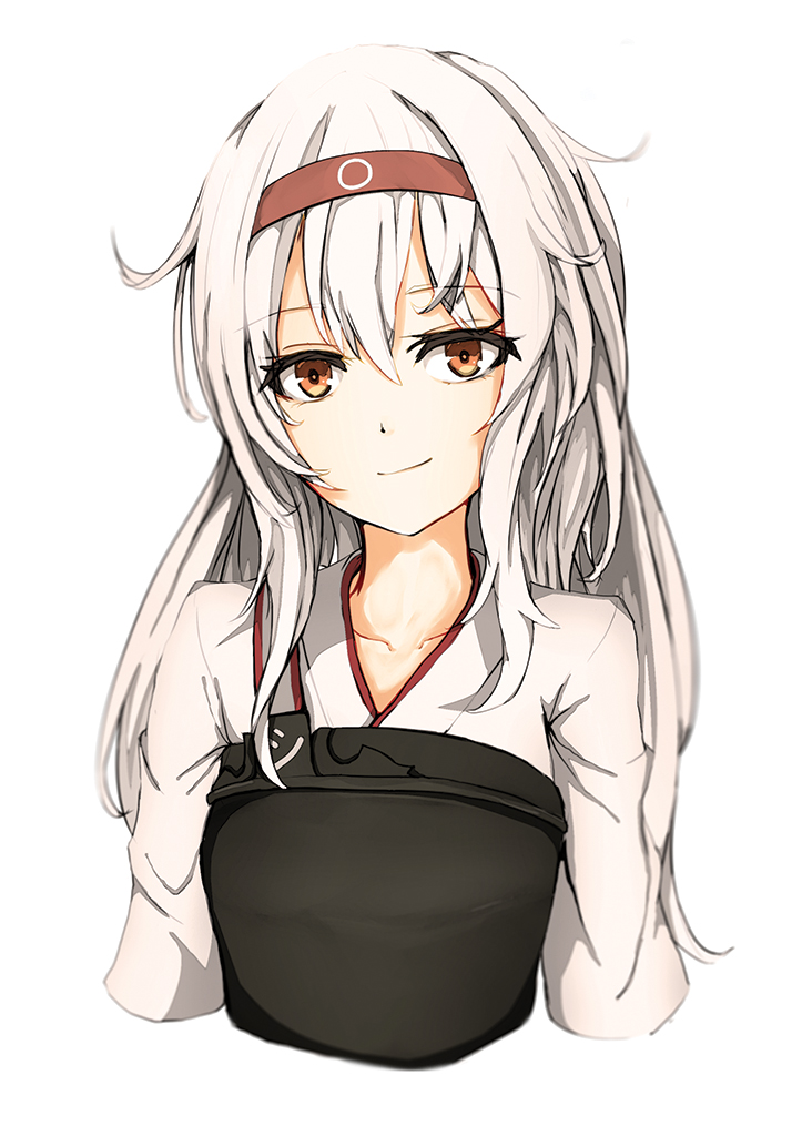 1girl, arms_at_sides, brown_eyes, collarbone, hairband, headband, japanese_clothes, kantai_collection, long_hair, looking_at_viewer, miko, muneate, north, shoukaku_(kantai_collection), silver_hair, simple_background, smile, solo, upper_body, white_background